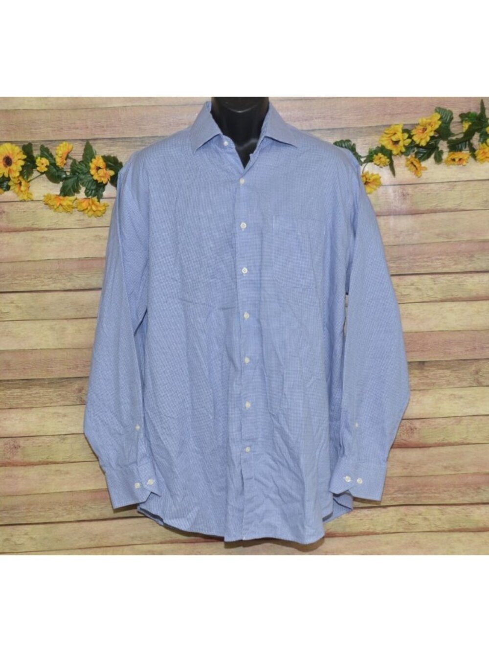 Peter Millar Nanoluxe Mens Blue Micro Houndstooth Button Down Shirt 17.5 Xlong